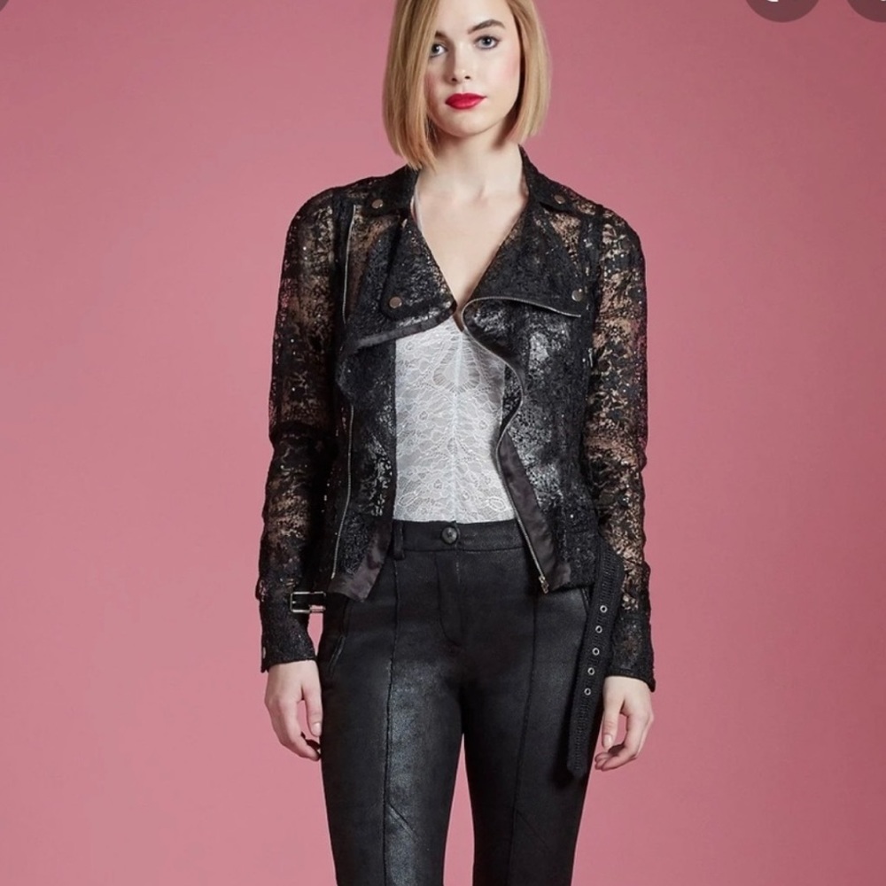 Byron Lars Lace Motorcycle Jacket in Black with silver Hardware and sequins